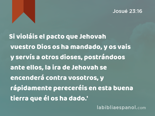 Si violáis el pacto que Jehovah vuestro Dios os ha mandado, y os vais y servís a otros dioses, postrándoos ante ellos, la ira de Jehovah se encenderá contra vosotros, y rápidamente pereceréis en esta buena tierra que él os ha dado.' - Josué 23:16