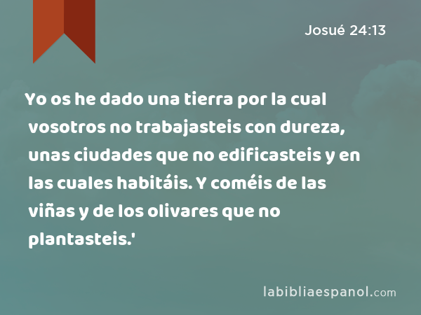 Yo os he dado una tierra por la cual vosotros no trabajasteis con dureza, unas ciudades que no edificasteis y en las cuales habitáis. Y coméis de las viñas y de los olivares que no plantasteis.' - Josué 24:13