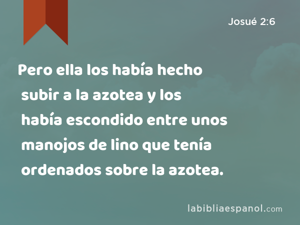 Pero ella los había hecho subir a la azotea y los había escondido entre unos manojos de lino que tenía ordenados sobre la azotea. - Josué 2:6