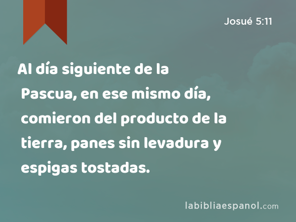 Al día siguiente de la Pascua, en ese mismo día, comieron del producto de la tierra, panes sin levadura y espigas tostadas. - Josué 5:11