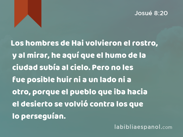 Los hombres de Hai volvieron el rostro, y al mirar, he aquí que el humo de la ciudad subía al cielo. Pero no les fue posible huir ni a un lado ni a otro, porque el pueblo que iba hacia el desierto se volvió contra los que lo perseguían. - Josué 8:20