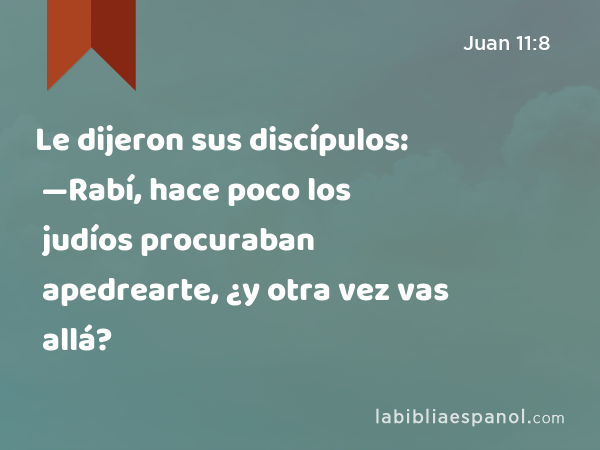 Le dijeron sus discípulos: —Rabí, hace poco los judíos procuraban apedrearte, ¿y otra vez vas allá? - Juan 11:8