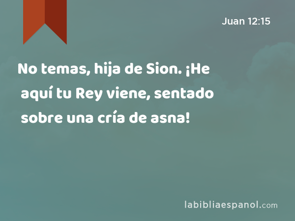 No temas, hija de Sion. ¡He aquí tu Rey viene, sentado sobre una cría de asna! - Juan 12:15