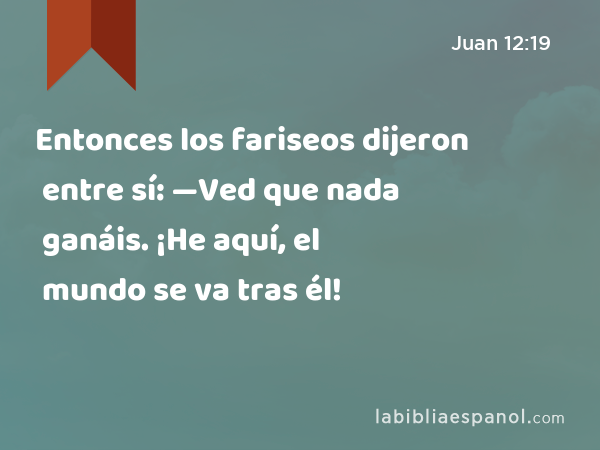 Entonces los fariseos dijeron entre sí: —Ved que nada ganáis. ¡He aquí, el mundo se va tras él! - Juan 12:19