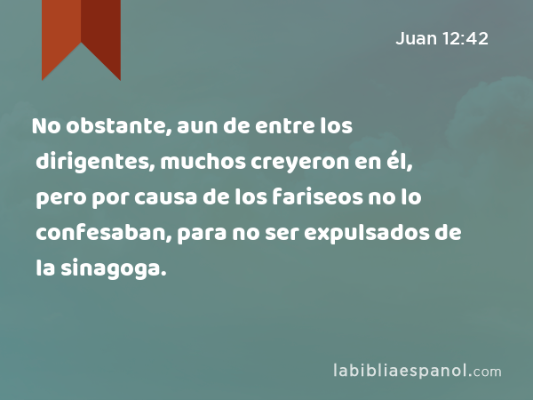 No obstante, aun de entre los dirigentes, muchos creyeron en él, pero por causa de los fariseos no lo confesaban, para no ser expulsados de la sinagoga. - Juan 12:42