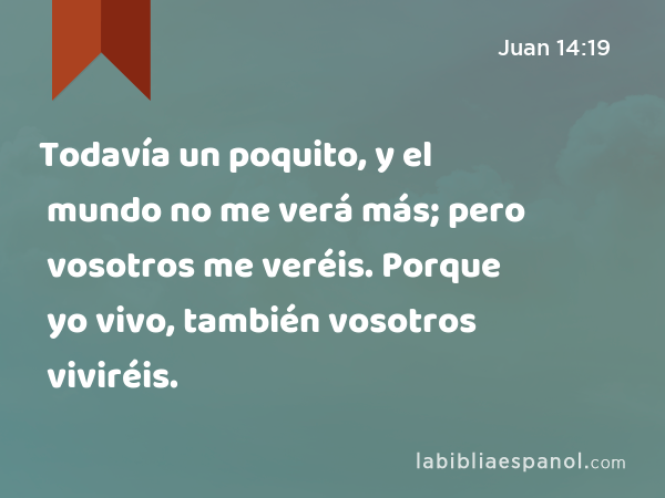 Todavía un poquito, y el mundo no me verá más; pero vosotros me veréis. Porque yo vivo, también vosotros viviréis. - Juan 14:19