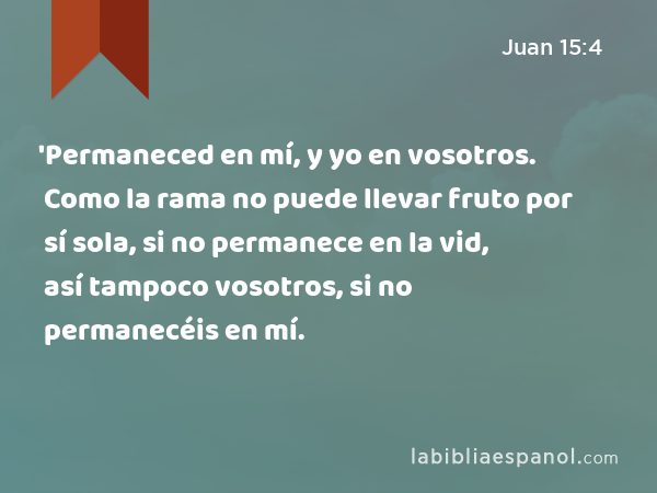 'Permaneced en mí, y yo en vosotros. Como la rama no puede llevar fruto por sí sola, si no permanece en la vid, así tampoco vosotros, si no permanecéis en mí. - Juan 15:4