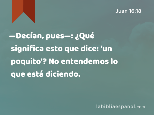 —Decían, pues—: ¿Qué significa esto que dice: 'un poquito'? No entendemos lo que está diciendo. - Juan 16:18