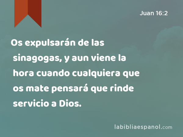 Os expulsarán de las sinagogas, y aun viene la hora cuando cualquiera que os mate pensará que rinde servicio a Dios. - Juan 16:2