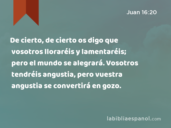 De cierto, de cierto os digo que vosotros lloraréis y lamentaréis; pero el mundo se alegrará. Vosotros tendréis angustia, pero vuestra angustia se convertirá en gozo. - Juan 16:20