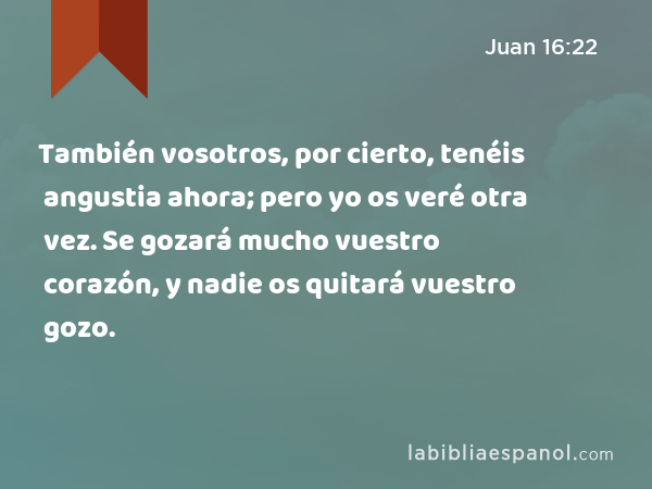 También vosotros, por cierto, tenéis angustia ahora; pero yo os veré otra vez. Se gozará mucho vuestro corazón, y nadie os quitará vuestro gozo. - Juan 16:22