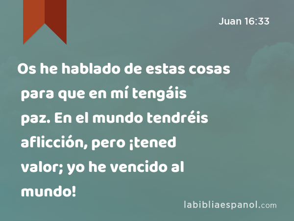 Os he hablado de estas cosas para que en mí tengáis paz. En el mundo tendréis aflicción, pero ¡tened valor; yo he vencido al mundo! - Juan 16:33