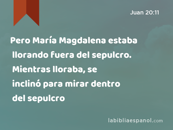 Pero María Magdalena estaba llorando fuera del sepulcro. Mientras lloraba, se inclinó para mirar dentro del sepulcro - Juan 20:11