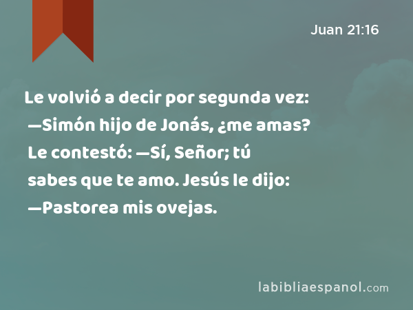 Le volvió a decir por segunda vez: —Simón hijo de Jonás, ¿me amas? Le contestó: —Sí, Señor; tú sabes que te amo. Jesús le dijo: —Pastorea mis ovejas. - Juan 21:16