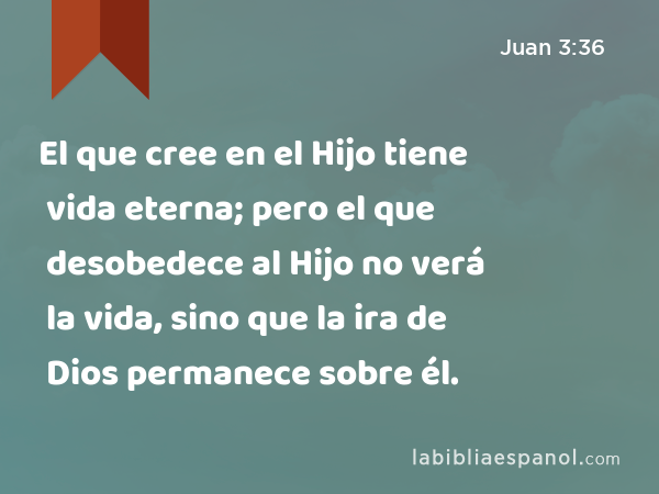 El que cree en el Hijo tiene vida eterna; pero el que desobedece al Hijo no verá la vida, sino que la ira de Dios permanece sobre él. - Juan 3:36