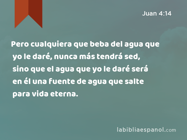 Pero cualquiera que beba del agua que yo le daré, nunca más tendrá sed, sino que el agua que yo le daré será en él una fuente de agua que salte para vida eterna. - Juan 4:14