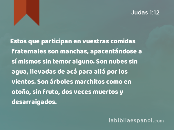 Estos que participan en vuestras comidas fraternales son manchas, apacentándose a sí mismos sin temor alguno. Son nubes sin agua, llevadas de acá para allá por los vientos. Son árboles marchitos como en otoño, sin fruto, dos veces muertos y desarraigados. - Judas 1:12