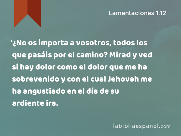 '¿No os importa a vosotros, todos los que pasáis por el camino? Mirad y ved si hay dolor como el dolor que me ha sobrevenido y con el cual Jehovah me ha angustiado en el día de su ardiente ira. - Lamentaciones 1:12