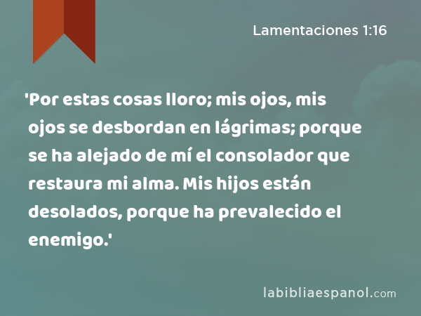 'Por estas cosas lloro; mis ojos, mis ojos se desbordan en lágrimas; porque se ha alejado de mí el consolador que restaura mi alma. Mis hijos están desolados, porque ha prevalecido el enemigo.' - Lamentaciones 1:16