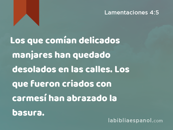 Los que comían delicados manjares han quedado desolados en las calles. Los que fueron criados con carmesí han abrazado la basura. - Lamentaciones 4:5