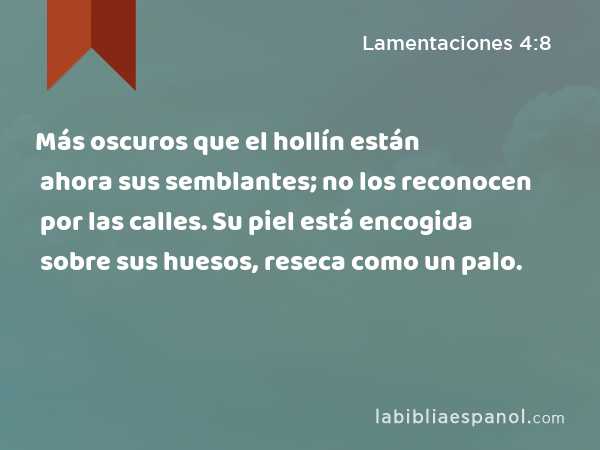 Más oscuros que el hollín están ahora sus semblantes; no los reconocen por las calles. Su piel está encogida sobre sus huesos, reseca como un palo. - Lamentaciones 4:8