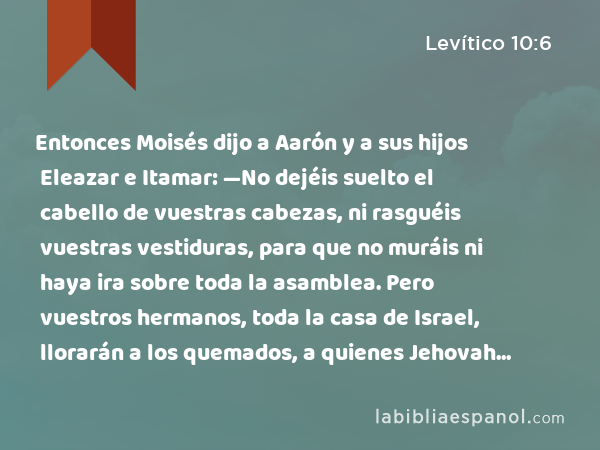 Entonces Moisés dijo a Aarón y a sus hijos Eleazar e Itamar: —No dejéis suelto el cabello de vuestras cabezas, ni rasguéis vuestras vestiduras, para que no muráis ni haya ira sobre toda la asamblea. Pero vuestros hermanos, toda la casa de Israel, llorarán a los quemados, a quienes Jehovah quemó. - Levítico 10:6