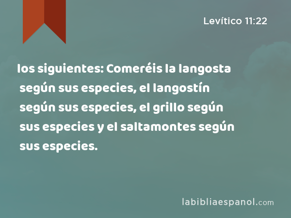 los siguientes: Comeréis la langosta según sus especies, el langostín según sus especies, el grillo según sus especies y el saltamontes según sus especies. - Levítico 11:22