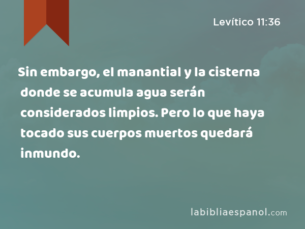 Sin embargo, el manantial y la cisterna donde se acumula agua serán considerados limpios. Pero lo que haya tocado sus cuerpos muertos quedará inmundo. - Levítico 11:36