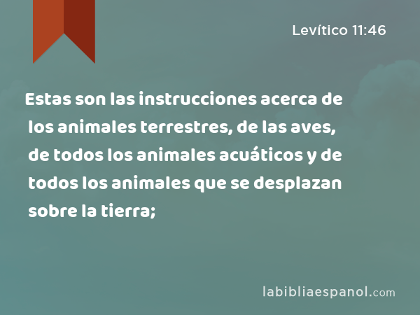 Estas son las instrucciones acerca de los animales terrestres, de las aves, de todos los animales acuáticos y de todos los animales que se desplazan sobre la tierra; - Levítico 11:46