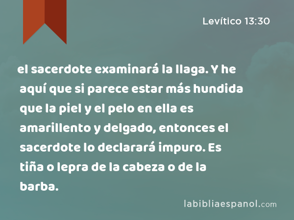 el sacerdote examinará la llaga. Y he aquí que si parece estar más hundida que la piel y el pelo en ella es amarillento y delgado, entonces el sacerdote lo declarará impuro. Es tiña o lepra de la cabeza o de la barba. - Levítico 13:30