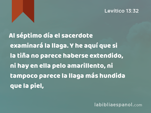 Al séptimo día el sacerdote examinará la llaga. Y he aquí que si la tiña no parece haberse extendido, ni hay en ella pelo amarillento, ni tampoco parece la llaga más hundida que la piel, - Levítico 13:32