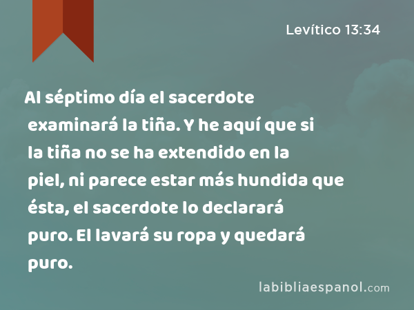 Al séptimo día el sacerdote examinará la tiña. Y he aquí que si la tiña no se ha extendido en la piel, ni parece estar más hundida que ésta, el sacerdote lo declarará puro. El lavará su ropa y quedará puro. - Levítico 13:34