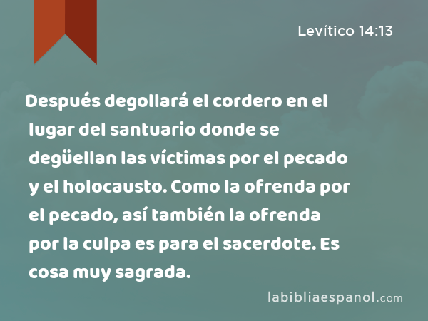 Después degollará el cordero en el lugar del santuario donde se degüellan las víctimas por el pecado y el holocausto. Como la ofrenda por el pecado, así también la ofrenda por la culpa es para el sacerdote. Es cosa muy sagrada. - Levítico 14:13