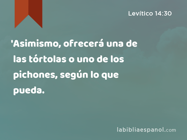 'Asimismo, ofrecerá una de las tórtolas o uno de los pichones, según lo que pueda. - Levítico 14:30