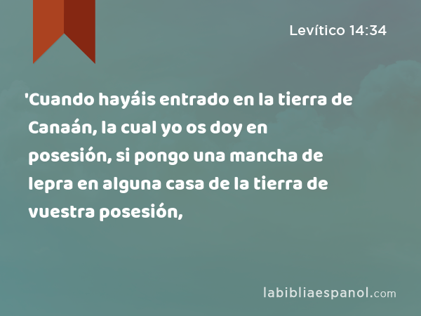 'Cuando hayáis entrado en la tierra de Canaán, la cual yo os doy en posesión, si pongo una mancha de lepra en alguna casa de la tierra de vuestra posesión, - Levítico 14:34