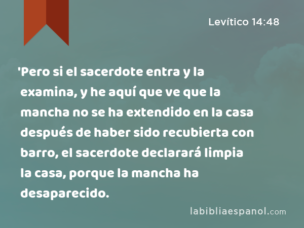 'Pero si el sacerdote entra y la examina, y he aquí que ve que la mancha no se ha extendido en la casa después de haber sido recubierta con barro, el sacerdote declarará limpia la casa, porque la mancha ha desaparecido. - Levítico 14:48