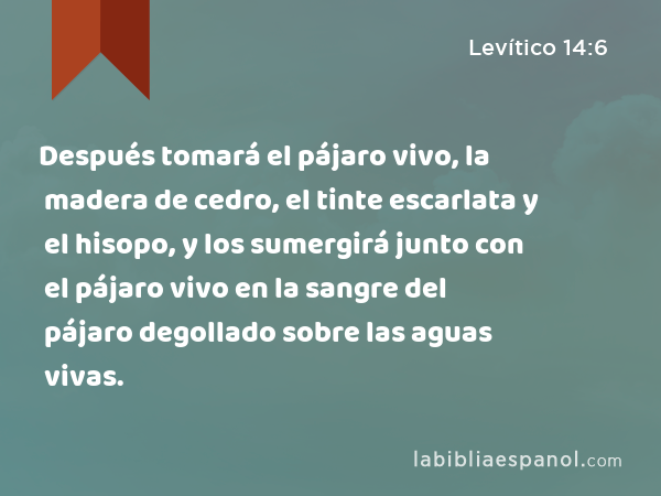 Después tomará el pájaro vivo, la madera de cedro, el tinte escarlata y el hisopo, y los sumergirá junto con el pájaro vivo en la sangre del pájaro degollado sobre las aguas vivas. - Levítico 14:6