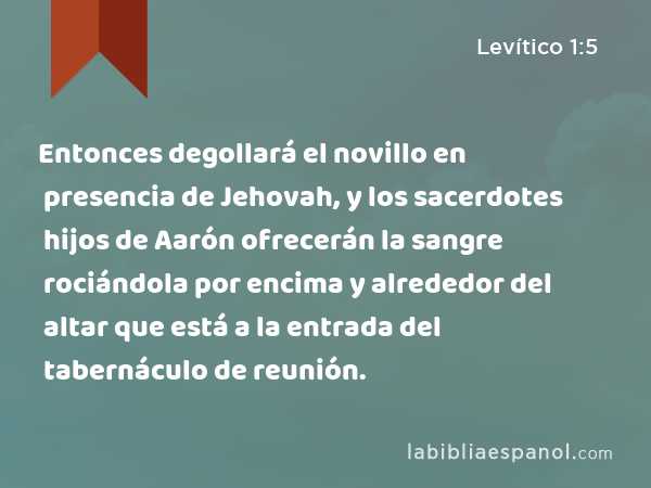 Entonces degollará el novillo en presencia de Jehovah, y los sacerdotes hijos de Aarón ofrecerán la sangre rociándola por encima y alrededor del altar que está a la entrada del tabernáculo de reunión. - Levítico 1:5