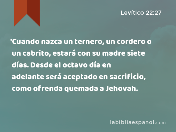 'Cuando nazca un ternero, un cordero o un cabrito, estará con su madre siete días. Desde el octavo día en adelante será aceptado en sacrificio, como ofrenda quemada a Jehovah. - Levítico 22:27