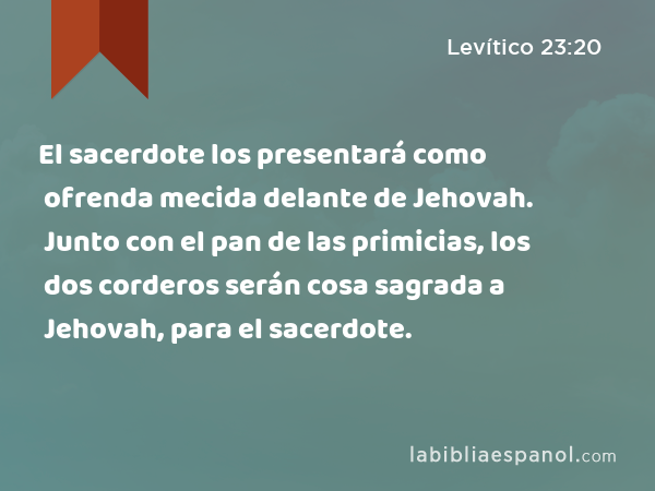 El sacerdote los presentará como ofrenda mecida delante de Jehovah. Junto con el pan de las primicias, los dos corderos serán cosa sagrada a Jehovah, para el sacerdote. - Levítico 23:20