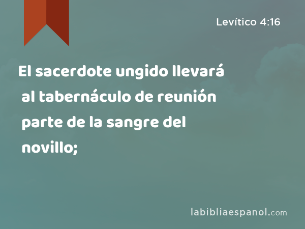 El sacerdote ungido llevará al tabernáculo de reunión parte de la sangre del novillo; - Levítico 4:16