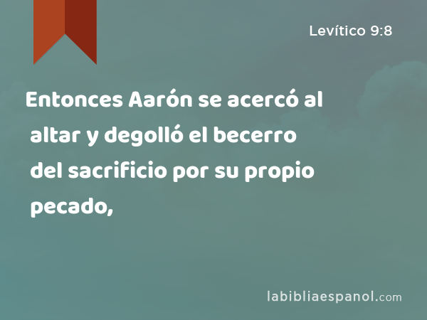 Entonces Aarón se acercó al altar y degolló el becerro del sacrificio por su propio pecado, - Levítico 9:8