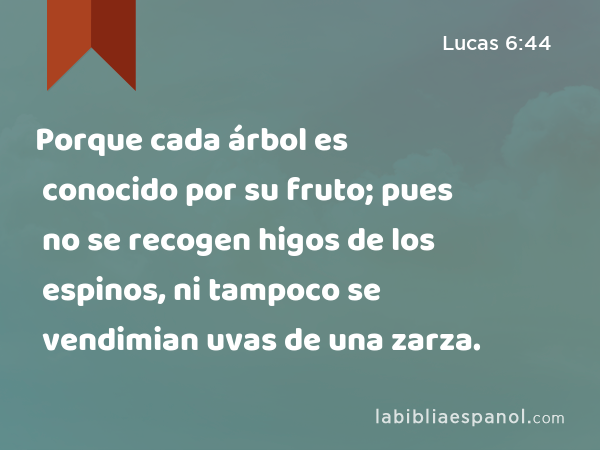 Porque cada árbol es conocido por su fruto; pues no se recogen higos de los espinos, ni tampoco se vendimian uvas de una zarza. - Lucas 6:44