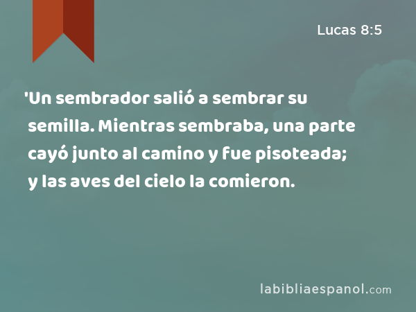 'Un sembrador salió a sembrar su semilla. Mientras sembraba, una parte cayó junto al camino y fue pisoteada; y las aves del cielo la comieron. - Lucas 8:5