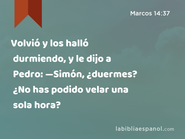 Volvió y los halló durmiendo, y le dijo a Pedro: —Simón, ¿duermes? ¿No has podido velar una sola hora? - Marcos 14:37