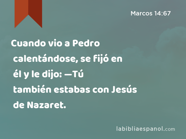 Cuando vio a Pedro calentándose, se fijó en él y le dijo: —Tú también estabas con Jesús de Nazaret. - Marcos 14:67