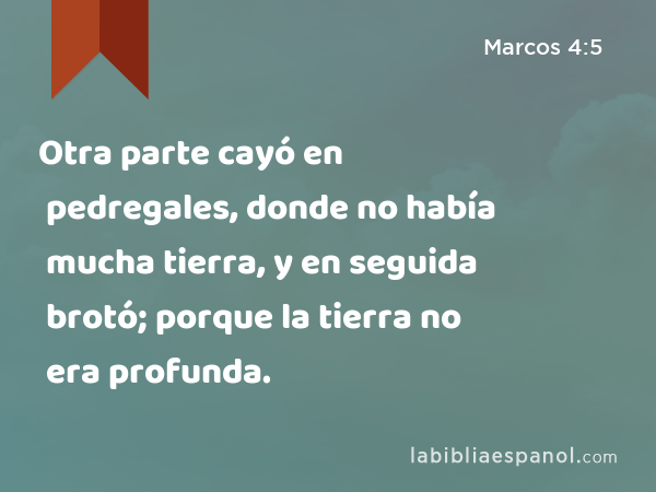 Otra parte cayó en pedregales, donde no había mucha tierra, y en seguida brotó; porque la tierra no era profunda. - Marcos 4:5