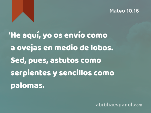 'He aquí, yo os envío como a ovejas en medio de lobos. Sed, pues, astutos como serpientes y sencillos como palomas. - Mateo 10:16