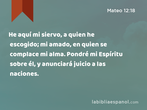 He aquí mi siervo, a quien he escogido; mi amado, en quien se complace mi alma. Pondré mi Espíritu sobre él, y anunciará juicio a las naciones. - Mateo 12:18