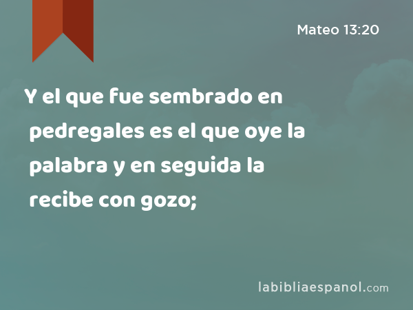 Y el que fue sembrado en pedregales es el que oye la palabra y en seguida la recibe con gozo; - Mateo 13:20